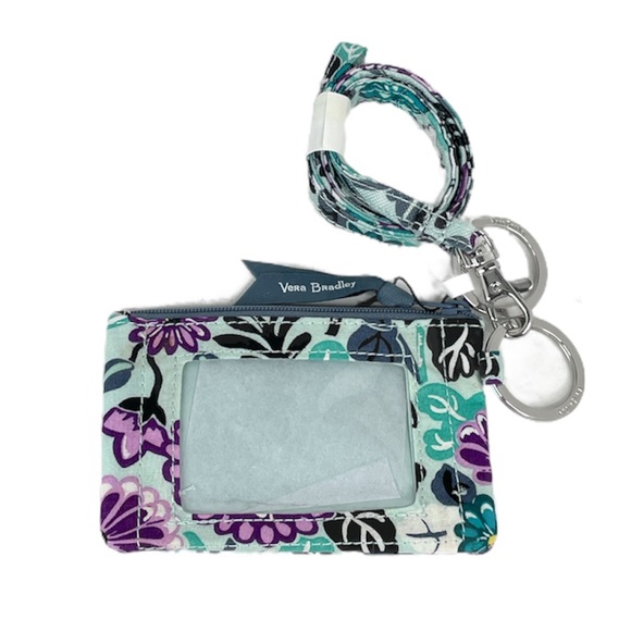 Vera Bradley Penelope’s Garden Lighten Up Zip ID and Lanyard, Green, Purple - Picture 2 of 6